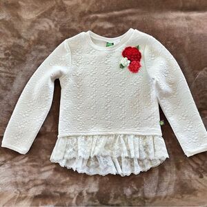 Dollie & Me Girls White Quilted Lace Sweater with Red Floral Accent Size 7